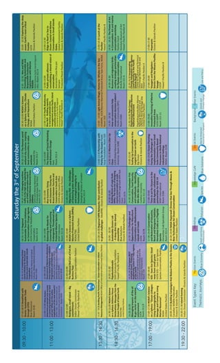 Saturdaythe3rd
ofSeptember
OtherEventsWorkshopKnowledgeCaféSocialEventsPavilionEventsEventTypesKey:
YouthandYoung
Professionals
PollutionBlueEconomyThematicJourneys:BlueSolutions
MarineProtected
Association’sNetwork
SpeciesIslandsand
ClimateChange
LawandPolicy
Background:
Saturdaythe3rd
ofSeptember
09:30-10:00
07:00-08:00Breakfastwith
Sharks:SustainableTrade
throughCITES
BlueResources
Room313C
08:30-10:30EstablishingGlobal
IslandInitiativeforBiocultural
DiversityandSustainableIslands
Cooperation
InstitutionforMarineandIsland
Cultures,MokpoNationalUniversity
Room319A
08:30-10:30Regional
SustainableTourismInitiatives
asConservationChangeAgents
IUCNCentreforMediterranean
Cooperation
Room311-8
08:30-10:30Managingmaritime
trafficinthehighseas:exploringthe
useofIMOconservationtoolsin
ImportantMarineMammalAreas
(IMMAs)
IUCNJointMarineMammal
ProtectedAreasTaskForce
Room311-13
08:30-10:30TheRamsarworld
wetlandcityscheme:inspiring
localcommunitiestovalue
wetlands
AucklandCity
Room311-7
09:30-10:00NOAA’sScience
onaSphere:Fisheries,Climate
Change,andAquaculture
NOAA
UnitedStatesPavilion
8:30-10:30WetandWild:
PromotingSustainableand
ResponsibleEcotourism
ExperienceswithMarine
Wildlife
NOAAFisheriesPacificIslandsRegional
Office-Room311-4
10:00-10:30Exploringthedeep
ocean:Earth’smostcritical
frontier
IUCN
Oceans&IslandsPavilion
11:00-13:00
11:00-13:00Whatfactors
determineprotectedareasuccess
inconservingbiodiversityonland
andsea?Whatarethepolicy
implicationsofthenewresearch?
WCPA/SSC-WorldCommissionon
ProtectedAreasandSpeciesSurvival
Commission-Room316A
11:00-13:00
GovernanceofMarineBiodiversityin
AreasbeyondNationalJurisdiction:
ProgressionsandChallenges
DalhousieUniversityandWCEL
SpecialistGrouponOceans,Coasts
andCoralReefs
Room301B
11:00-13:00
BalancingtheNeedsfor
ConservingandConsuming
Endangered,Threatenedand
ProtectedMarineSpecies
WWFIndonesia
Room311-8
11:00-13:00
BlueEconomy:Diving
withCetaceans:Closingthe
BreachbetweenTourismand
ConservationinSouthAsia
IUCNIndiaCountryOffice
Oceans&IslandsPavilion
11:00-13:00
TheScienceofSocialMarketing
andBehaviourChange
Rare
Room311-4
12:00-13:00PacificBiodiversity
BlueBelt-Buildingcapacity
inmarineprotectedarea
managementacrossPacificisland
countriesandterritories
SecretariatofthePacificRegional
EnvironmentProgramme
Hawai’i-PacificPavilionA
12:00-13:00
Public-privatealliances:
consolidatingasharedvisionof
conservation
AsociaciónCostaRicapor
Siempre
ProtectedPlanetPavilion
12:00-12:30
RidgetoReeftoSeato
Ocean:CoastalandMarine
ConservationinSmallIslands
States.
GlobalEnvironmentFacility
Oceans&IslandsPavilion
11:00-12:00
Rodrigues,smallIsland–Big
commitments
IndianOceanCommission
Hawai’i-PacificPavilionA
11:30-12:00
TheNationalRedListofFishfor
BurkinaFaso
SpeciesConservationPavilion
11:30-12:00
NOAA’sScienceonaSphere:
MarineProtectedAreas(MPAs)
NOAA/TBG
UnitedStatesPavilion
11:00-13:00
Migratoryfish-thechallenges
ofbalancingwaterdevelopment
andecologicalintegrityin
freshwatersystems
ZoologicalSocietyofLondon
Room311-9
13:30-14:30
13:30-14:30BuildingPacificPartnerships-OceanExplorationtoInform
ResourceManagementNOAAOfficeofInternationalAffairsUnitedStatesPavilion
13:00-14:30RegionalMPANetworks:theircontribution
toglobalchallenges-MedPAN-Oceans&IslandsPavilion
13:00-13:30Partnershipwith
ParleyfortheOceansPlastic
SoupFoundation-Room320
13:00-14:00LightAnimalMagic:HomesforWhalesintheSea
ICMMPA,IUCNMarineMammalProtectedAreasTaskForce,NOAA
Room310
13:00-14:30Lunchatthe
Pavilion
Hawai‘i-PacificPavilionB
14:30-16:30
14:30-15:00NOAA’sScience
onaSphere:MālamaHonua
Declarations:Messagesfromthe
OceanPeopleofIslandEarth
NOAA/TBG
UnitedStatesPavilion
14:30-15:30
Papakumakawalu
EdithKanakaoleFoundation
Hawai’i-PacificPavilionA
16:00-16:30
SustainableOceansLab
-Adeepdiveintoshared
stewardship
BlueSolutions
Oceans&IslandsPavilion
14:30-16:30
BuildingBlocksofLarge-Scale
MPAs:Thehow-tosofdesigning
marineconservationat-scale
IUCNWCPALarge-ScaleMPATask
Force
Room317A
14:30-16:30MarineLitterUp
Close
IUCNGlobalMarineCommunity:
Americas-Room318B
14:30-16:30
Howcaneconomistshelp
conservationdecision-makers?
PacificCommunity(SPC)
Room318A
14:30-16:30
Businessandmigratorybirds:
creatingstrategicpartnerships
forflywaysconservation
BirdLifeInternational
Room311-6
14:30-16:30ThePowerofArt
inConservation:Artandmarine
conservationworkshop
PavilionEvent
HonoluluMuseumofArt
Hawai‘i-PacificPavilionB
14:30-16:30
Managingimpactsoftheoil
&gassectoronthemarine
environment
IUCN
Room311-9
14:30-16:30EuropeanBEST
InitiativeEvent:Fostering
biodiversityactionin7keyregions
oftheworld
IUCN(inpartnershipwiththe
EuropeanCommissionandthe
EuropeanParliament)
Room320
14:30-16:30Challengesand
OpportunitiesforBiocultural
ConservationonMediteranean
IslandsandCoasts
IUCN
Room317B
14:30-16:30FreshwaterFish
Conservation,FoodSecurity,
andLivelihoods–Identifying
Win-Win-WinScenarios
CarletonUniversity
Room311-12
15:00-15:30
ScalingUpConservationinthe
LargestOceanonEarth
BigOcean
Oceans&IslandsPavilion
15:30-16:00TechCorner:
PapahanaumokuakeaMarine
NationalMonument
PapahānaumokuākeaMarine
NationalMonumentand
UNESCOWorldHeritageSite
UnitedStatesPavilion
15:30-16:30Incorporating
ClimateAdaptationintoAgency-
LevelPlanninginthePacific
IslandsRegion
CenterforCulturalandTechnical
InterchangeBetweenEastand
West
Hawai‘i-PacificPavilionA
17:00-19:00
17:00-17:30NOAA’sScience
onaSphere:“OceanLinkages:
UsingOceanographyto
ManageandConserveLiving
MarineResources”
NOAA
UnitedStatesPavilion
17:00-18:00
SOS-SaveOurSpecies:Good
newsfromsmallgrants
IUCNSOS–SaveourSpecies
SpeciesConservationPavilion
17:00-19:00Conservation
andRestorationofEstuarine,
BeachandMangroveHabitats:
HorseshoeCrabsasaFlagship
Species
HorseshoeCrabSpecialistGroup
Room311-4
17:00-19:00
TimetoactforOceansinthe
2030Agenda:collaborative
partnershipsforSDG14
WWF-International
Room318A
17:00-19:00OceanPlanning:
FacingtheChallengesof
ImplementationFromSmall
ScaleCommunity-Based
ProcessestoMulti-National
IndustrialSettings
NOAA-Room313B
17:00-19:00
InnovativeFinancingofMarine
ProtectedAreas
IUCNGMPP
Room311-11
17:00-19:00
VoyagersandNavigators-
StoriesfromtheMoanaPasifika
Voyage
CEESP
Hawai‘i-PacificPavilionB
17:00-17:30
Hopespots
Oceans&IslandsPavilion
18:00-19:00BuildingCampaignsthatReducePlasticsintheOceans
CanadianWildlifeFederation
Oceans&IslandsPavilion
18:30-19:00NASAHyperwall:DronesthatSeeThroughWaves&
NewTechnologiesforOceanConservation
UnitedStatesPavilion
19:30-22:00
19:30-21:30IslandEvening
IndianOceanCommission-Oceans&IslandsPavilion
 