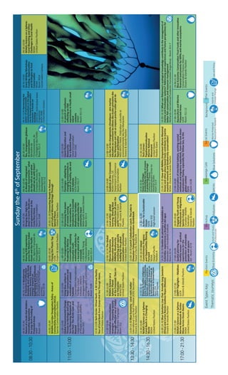 Sundaythe4th
ofSeptemberSundaythe4th
ofSeptember
08:30-10:30
08:30-10:30
NatureataScalethatMatters:
InnovativeApproaches
forLong-TermFundingof
ProtectedAreas
WWF
Room310
08:30-10:30Biodiversity
inVoluntaryCertification
StandardsandLabels(food,
tourism,forestry,fisheries,
mining):Impactson
biodiversityandlivelihoods
IUCN-CEESP&Themeon
theSocialandEnvironmental
AccountabilityofthePrivateSector
(SEAPRISE)
Room317B
08:30-10:30
SharingICMexperience
acrosstheWesternIndian
OceanandthePacific
SPC;AgenceFrançaisede
Développement
Room311-3
08:30-10:30
BringingtheHighSeas
downtoEarth:Multi-sec-
toralgovernanceatthe
CostaRicaDome
MarVivaFoundation
Room316B
08:30-10:30
AWealthofIntegrated
OceanAssessments–what
dotheytellusandwhat
shouldwedowiththem?
EuropeanBureaufor
Conservationand
Development
Room311-12
08:30-10:30
Îles,changementsglobaux
etconservation
Ministèrede
l’Environnement,de
L’EcologieetdesForêts
Room311-2
08:30-13:00Harnessingthe
powerofenvironmental
communicationsinthedigital
eratoforwardconservation
successes:Ahands-on
workshop
IUCNCEC;IUCNGlobalWater
Programme
Room304B
ConservationCampus
08:30-19:00
GrantWritingWorkshop:
Funding,Opportunities
andStrategiestofund
Conservation
NOAA
Room301A
ConservationCampus
09:30-10:00
NOAA’sScienceonaSphere:
CoralBleachingandOther
ChallengestoCoralHealth
NOAA
UnitedStatesPavilion
10:00-10:30
WildlifeCorridorDesignationPolicy-Areasof
ConnectivityConservation(ACCs).
SpeciesConservationPavilion
10:00-10:30
ClosingthePlasticTap
IUCN
Oceans&IslandsPavilion
10:30-11:30ConnectingPeopletoNatural
andCulturalMarineHeritageThrough
SpecialPlaces
UnitedStatesPavilion
11:00-13:00
11:00-13:00
GlobalEnvironmentalChange
ThreatstoHeritageandLong
TermObservingNetworksof
thePast:TheArcticCaseand
Beyond
IntegratedHistoryandfuture
ofPeopleonEarth(IHOPE)
Room310
11:00-13:00
Usingbluecarbonto
fosterconservationand
restorationofcoastal
habitats
ConservationInternational;
TheBlueCarbon
Initiative;UNESCO–
Intergovernmental
OceanographicCommission;
IUCN
Room313B
11:00-13:00
TheIntergenerational
RoadmaptoMarine
Conservation:catalysing
innovativemulti-
stakeholdersolutionsfor
amarineplanetatthe
crossroads
IUCNWCPAYoung
ProfessionalsMarine
TaskForce
Room311-4
11:00-13:00
Harnessingthepower
ofremotesensing
forconservation:An
introductiontoEssential
BiodiversityVariables
andopportunitiesfor
communityinput
NASAEarthScienceDivision
Room311-3
11:00-13:00
Flamingos-adaptingto
changingenvironmentsin
searchofhealthy,safeand
richhabitats
IUCNPakistan
Room311-7
11.00-13.00
IslandRestorationand
Biosecurity
foraResilientPlanet
IslandConservation
Room316C
11:00-13:00
Insearchofresilience:
reflectingonEbA
experiencesinPacificsmall
island
contexts
SPREP
Room311-11
12:30-13:00TechCorner:VirtualReefs–A3DVirtualReality
TourofCoralReefsfromDronesthatSeeThroughWaves
UnitedStatesPavilion
11:00-13:00
Innovativecommunication
strategies–impactingsociety
througheffectiveuseofmedia
BlueFrontierCampaign
Room312
11.30-12.00
NOAA’sScienceona
Sphere:Planet
attheCrossroad:Eyeson
ourEstuaries
NOAA/TBG
UnitedStatesPavilion
12:00-12:30TheGlobal
MarineBiodiversity
ObservationNetwork
(MBON):Biodiversity
monitoringandcapacity
buildingfortheglobal
conservationcommunity
UnitedStatesPavilion
12:00-12:30
Localaction-global
learning:Sharingblue
solutionsfromalloverthe
worldPavilionEvent
GIZ-Oceans&Islands
Pavilion
12:00-13:00
SeabirdsattheCrossroads
NOAAFisheries,US
DepartmentofCommerce
SpeciesConservation
Pavilion
11:00-13:00
Lesîlesetleschangementsclimatiques:airemarine
éducativeoucommentlesélèvesdesécolesprimairesdes
îlesMarquisesontcrééunespaceproche-cotiergéréde
façonparticipative
NGOMOTUHAKA,Fédérationculturelleet
environnementaledesîlesMarquises
Oceans&IslandsPavilion
13:30-14:30
13:00-14:30BlueEconomy-coralreefsmatter
InternationalCoralReefInitiative(ICRI)Secretariat
Oceans&IslandsPavilion
13:00-14:30LaunchCelebrationLunch:TheLokoIa
(HawaiianFishpond)RestorationGuidebook
Hawai‘i-PacificPavilionB
14:30-16:30
14:30-15:00
NOAA’sScienceonaSphere:
CoralReefsinaChanging
World
NOAA
UnitedStatesPavilion
14:30-16:30
MapeodePueblosIndígenas,
ÁreasProtegidasyEcosistemas
NaturalesenCentroamérica:
LineamientosparaAvanzaren
laAplicacióndelEnfoquede
DerechosenlaConservación
Room314
UNDPKauhale
15:30-16:30Island
Commitments:Progress
andOpportunitiesMoving
Forward
NOAA
Hawai‘i-Pacific
PavilionA
14.30-16.30
ActionsforaSustainable
Ocean
IUCN
Room310
High-levelsession
14:30-16:30
OceanasHeritage:
Acceleratingtheroleofoceans
inprotectingglobalheritage
UniversityofHawaii,
KamakakuokalaniCenterfor
HawaiianStudies
Room311-9
15:30-16:00
TechCorner:
Papahanaumokuakea
MarineNational
Monument
UnitedStatesPavilion
PavilionEvent
16:00-16:30BlueSolutionsLiveChat:ArmelleJung(western
Africa)andCarlosRamónGodínezReyes(Mexico)
Oceans&IslandsPavilion
14:30-16:30Gestióndepáramosyhumedalesen
Colombia:experienciasydesafíosdelagua
AlexandervonHumboldtInstitute
Room317A
15.00-15.30HowwillIMMAs(ImportantMarineMammal
Areas)andotherplace-basedtoolscontributetomarine
mammalnetworksandbiodiversityconservation?
NOAA-Oceans&IslandsPavilion
14:30-16:30Whatcanfishermen’secologicalknowledgecontributeinthemanagementof
marineandfreshwatersystems?Addressingpastexperiencesandfutureperspectivesfor
betterfishconservationandresourcesmanagement
WetlandsInternational/FundaciónHumedales(Argentina)-Room311-7
17:00-21:30
17:00-17:30
NOAA’sScienceonaSphere:
MarineMammals&Turtles
MoveAcrossOceanBasins
NOAA
UnitedStatesPavilion
17:00-17:30
GMPPHighlights–Maldives
IUCN
Oceans&IslandsPavilion
17:00-19:00
Spatialplanningfor
healthyoceans–practical
experiencesforthe
protectionofvulnerable
peopleandspaces
GIZ-Room317A
18:00-19:00
EngagingYouthandYoung
ProfessionalsinMigratory
SpeciesFutures
CanadianWildlife
Federation
Oceans&Islands
Pavilion
17:00-19:00
Conservationofintertidalhabitats,workingcoastal
wetlandsandmigratorywaterbirds,fromtheEastAsian-
AustralasianFlyway,especiallytheYellowSea,tothe
globalcontext
RSPB
Room313B
17.00-19.00
AquacultureandMarine
ProtectedAreas
IUCN
Room311-12
19:30-21:30
BlueEconomy:ConservationTrustFundsandotherinnovative
financialinstrumentsforMPAsandmarineecosystems
ConservationFinanceAlliance
Oceans&IslandsPavilion
OtherEventsWorkshopKnowledgeCaféSocialEventsPavilionEventsEventTypesKey:
YouthandYoung
Professionals
PollutionBlueEconomyThematicJourneys:BlueSolutions
MarineProtected
Association’sNetwork
SpeciesIslandsand
ClimateChange
LawandPolicy
Background:
 