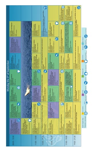 Mondaythe5th
ofSeptember
OtherEventsWorkshopKnowledgeCaféSocialEventsPavilionEventsEventTypesKey:
YouthandYoung
Professionals
PollutionBlueEconomyThematicJourneys:BlueSolutions
MarineProtected
Association’sNetwork
SpeciesIslandsand
ClimateChange
LawandPolicy
Background:
Mondaythe5th
ofSeptember
08:30-10:30
08:30-10:30
FromPolicytoImplementation
intheArctic:Protected
AreaNetworksasToolsfor
ConservationandAdaptationto
TransformationalChange
USNationalParkService
Room319A
08:30-10:30
Compartiendoconocimientos
sobrelasespeciesamenazadas
queintegranlaListaRoja
enpesqueríasmarinasde
Latinoamérica
CentroDesarrolloyPesca
Sustenable
Room311-9
08:30-10:30
MarineCommunity-based
ManagementforFoodSecurity
andLivelihoods
WWF-International
Room311-11
08:30-10:30
AquacultureandMarine
ProtectedAreas
IUCN
Room311-15
08:30-13:00
ReefResilienceIndicators,
MonitoringandManagement
Application
TheNatureConservancy,Hawai’i
Program
Room305B
ConservationCampus
08:30-10:30
CulturalandSpiritualSignificance
ofNatureintheManagementand
GovernanceofProtectedAreas
andWorldHeritageSites
IUCNWCPASpecialistGroupon
CulturalandSpiritualValuesof
ProtectedAreas
Room315
09:30-10:30
Water,CultureandIndigenous
Connections
TheNatureConservancy
IUCN
WaterPavilion
10:00-10:30
RegionalMPANetworks:
ContributiontoAichiTarget11in
RegionalSeasandsub-regions,
andotherchallenges
MedPan
Oceans&IslandsPavilion
11:00-13:00
11:00-11:30
TheBlueCCATraining-Climate
changeadaptationincoastaland
marineareas
BlueSolutions
Oceans&IslandsPavilion
11:00-12:00
JudgesandtheEnvironmentII
CentreforEnvironmentalLegal
Studies
Hawai’i-PacificPavilionB
11:00-13:00
GoodPracticeforMarineOil
&GasOperations:Mitigation
ofimpactstobiodiversityand
ecosystemservices
Fauna&FloraInternational
Room316B
11:00-13:00
OnTarget?Gettingcoralreef
reportingfromsciencetopolicy
CORDIOEastAfrica/IUCNCoral
SpecialistGroup
Room311-7
11:00-13:00
PowerofSpirit:Connecting
CommunitiesbyWaterand
SustainingWatershedsthrough
music,artandstories
Hawai’i-PacificPavilionB
11:30-12:00
NOAA’sScienceonaSphere:
TsunamiWarning!
NOAA
UnitedStatesPavilion
12:00-12:30
Locallyledtropicalmarine
conservation:acommunity
conservation
BlueVentures
Oceans&IslandsPavilion
13:30-14:30
13:30-14:30DepartmentofDefenseConservation-AGoodNews
Story
UnitedStatesAirForce
UnitedStatesPavilion
13:00-14:30TheChallengesandSuccessesofMarineSpecies
Conservation
IUCNSSCSharkSpecialistGroup
SpeciesConservationPavilion
13:00-14:30BEST:FosteringActionsforthelargestmarinedomainof
theworld
IUCN
Oceans&IslandsPavilion
13.45-14.15
IslandsAdaptingtoaChangingClimate-Hawaii’sEfforts
Hawai’iDept.ofLandandNaturalResources
PressConference
Room320
14:30-16:30
14:30-15:30
Siyaya-YouthandParks
FrancoisOdendaalProductions
#NatureforAllPavilion
14:30-16:30
Innovatingforintegratedocean
managementatscale
WWF-International
Room313B
14:30-16:30
SavingSEAlaska’sRainforest
WayofLife
UnitedTribalTransboundary
MiningWorkGroup
Room311-8
14:30-16:30
PeopleandtheOcean:
IntegratingSocialandCultural
DimensionsintoLarge-Scale
OceanConservation
ConservationInternational&
NOAA
Room315
14.30-16:30
ActionforSharksintheEastern
TropicalPacific
PRETOMA
Room311-11
14:30-15:30
Ocean-wideplanninginPacific
islandcountries
IUCNOceania
Hawai’i-PacificPavilionA
15:00-15:30
EUOverseas,aMPANetwork
ofGlobalImportance
IUCN
Oceans&IslandsPavilion
15:30-16:30
LeadersofTomorrowmakingchangetoday
PunahouSchool
#NatureforAllPavilion
16:00-17:00AchievingConservationSuccessThroughonthe
GroundInvestmentsinPeopleandWildlife
USFish&WildlifeService
UnitedStatesPavilion
15:30-16:30
Thetruevalueofouroceans
IUCNOceania
Hawai’i-PacificPavilionA
15:30-16:30
SustainableCommunityManagementofWetlands
IUCNBangladeshCountryOffice
WaterPavilion
16:00-16:30
BlueEconomy:BlueCarbon-
Examplesfromthefield
Oceans&IslandsPavilion
17:00-19:00
17:00-17:30
FromSeamountstothe
MozambiqueChannel:
conservationactivitiesinthe
SouthWestIndianOcean
Oceans&IslandsPavilion
18:00-19:00
BuildingNewConstituenciesfor
Conservation
CanadianWildlife
Oceans&IslandsPavilion
17:00-19:00
Lasécuritéalimentairedansles
airesmarinesprotégées:réalité
ouutopie?
ParcNationalduBancd’Arguin
Room311-2
17:00-19:00Partagerlesoutils
etméthodespragmatiquespour
accompagnerauquotidienles
gestionnairesd’airesmarines
protégéesdansleprocessusde
labellisationListeverte
Agencedesairesmarinesprotégées
Room311-12
17:00-19:00
LocalLeadershipon
Sustainability-Aloha+Challenge
Hawai‘i-PacificPavilionA
17:00-19:00Adaptaciónalcambioclimáticoygestiónderiesgos
enlacuencadelRiodelaPlata-unenfoquetransfronterizopara
laconservacióndelabiodiversidadyeldesarrollodecomunidades
resilientes
CulturaAmbiental,Uruguay
Room311-11
17:30-18:30
ScienceforConservation
Planning-IntegratingSeaLevel
RiseintoCoastalManagement
Planning
UnitedStatesPavilion
19:00-21:30
19:00-19:30
VirtualVisittoUSMarineNationalMonumentsandSanctuaries
MarineNationalMonumentsProgramManager
NOAA
UnitedStatesPavilion
19:00-21:30
SharingsolutionsthroughthePanoramapartnership:Platform
launchandcelebration
IUCN
ProtectedPlanetPavilion
19:30-21:30
Unlockingthebillion-dollarbusinesscaseforlandscapescale
restoration
USBusinessCouncilforSustainableDevelopment
BusinessandBiodiversityPavilion
19:30-21:30
BoundforachievingAïchiTarget11withIMPANA,theWorld
HeritageMarineSitesandIMPAC4
Oceans&IslandsPavilion
 