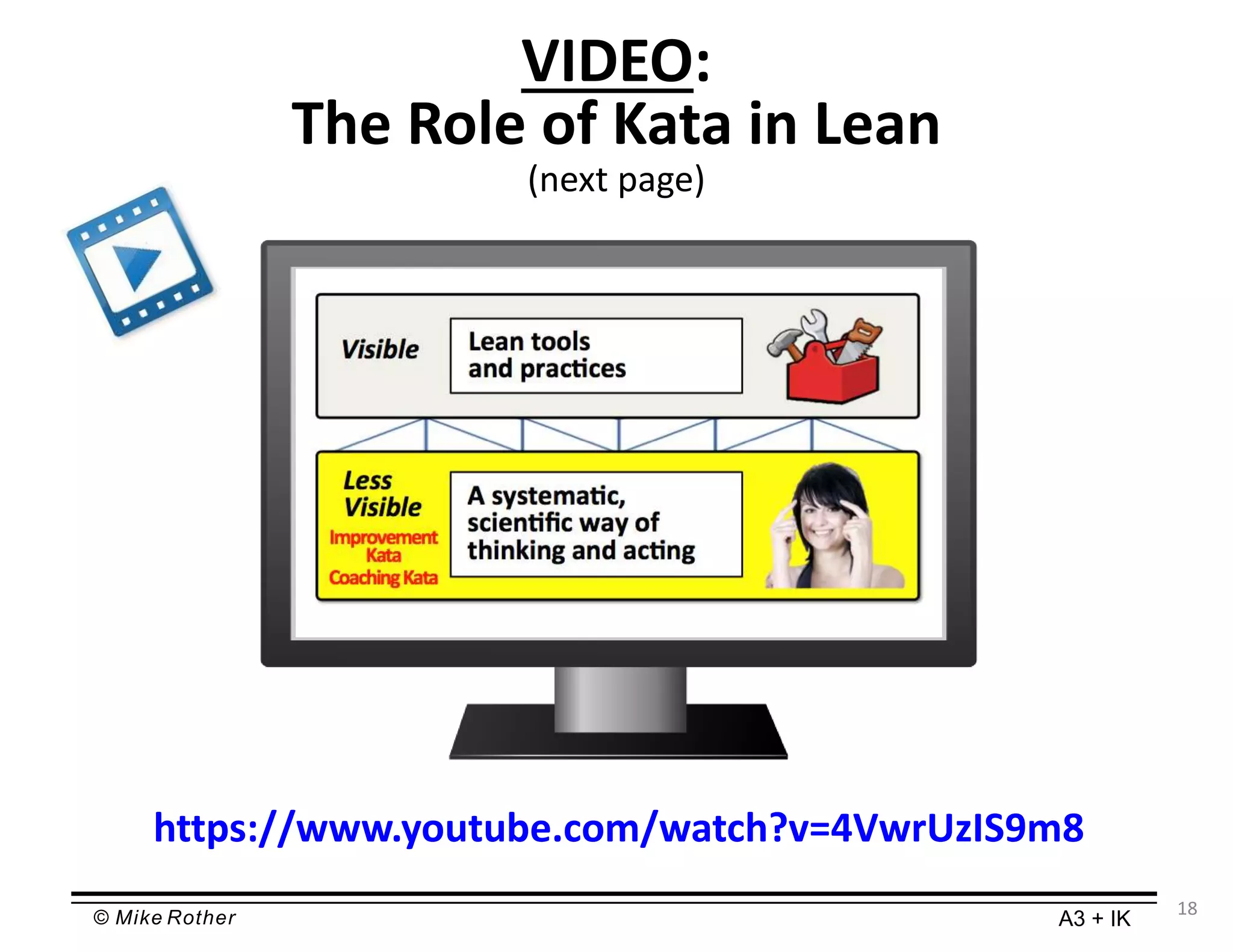 © Mike Rother A3 + IK
VIDEO:
The Role of Kata in Lean
(next page)
https://www.youtube.com/watch?v=4VwrUzIS9m8
18
 