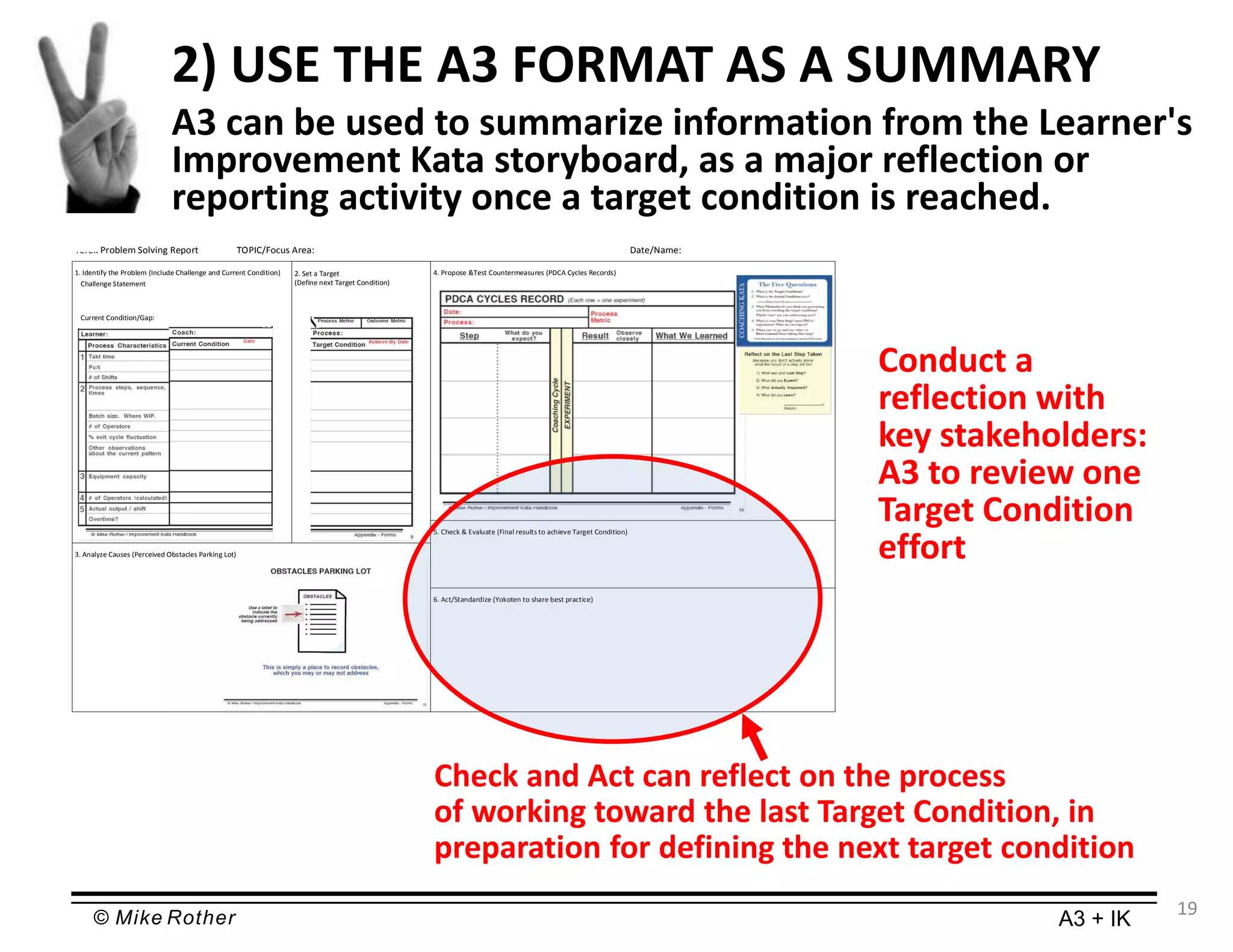© Mike Rother A3 + IK
19
2) USE THE A3 FORMAT AS A SUMMARY
Check and Act can reflect on the process
of working toward the last Target Condition, in
preparation for defining the next target condition
1. Identify the Problem (Include Challenge and Current Condition)
Terex Problem Solving Report TOPIC/Focus Area: Date/Name:
2. Set a Target
(Define next Target Condition)
3. Analyze Causes (Perceived Obstacles Parking Lot)
5. Check & Evaluate (Final results to achieve Target Condition)
6. Act/Standardize (Yokoten to share best practice)
Challenge Statement
Current Condition/Gap:
4. Propose &Test Countermeasures (PDCA Cycles Records)
Conduct a
reflection with
key stakeholders:
A3 to review one
Target Condition
effort
A3 can be used to summarize information from the Learner's
Improvement Kata storyboard, as a major reflection or
reporting activity once a target condition is reached.
 