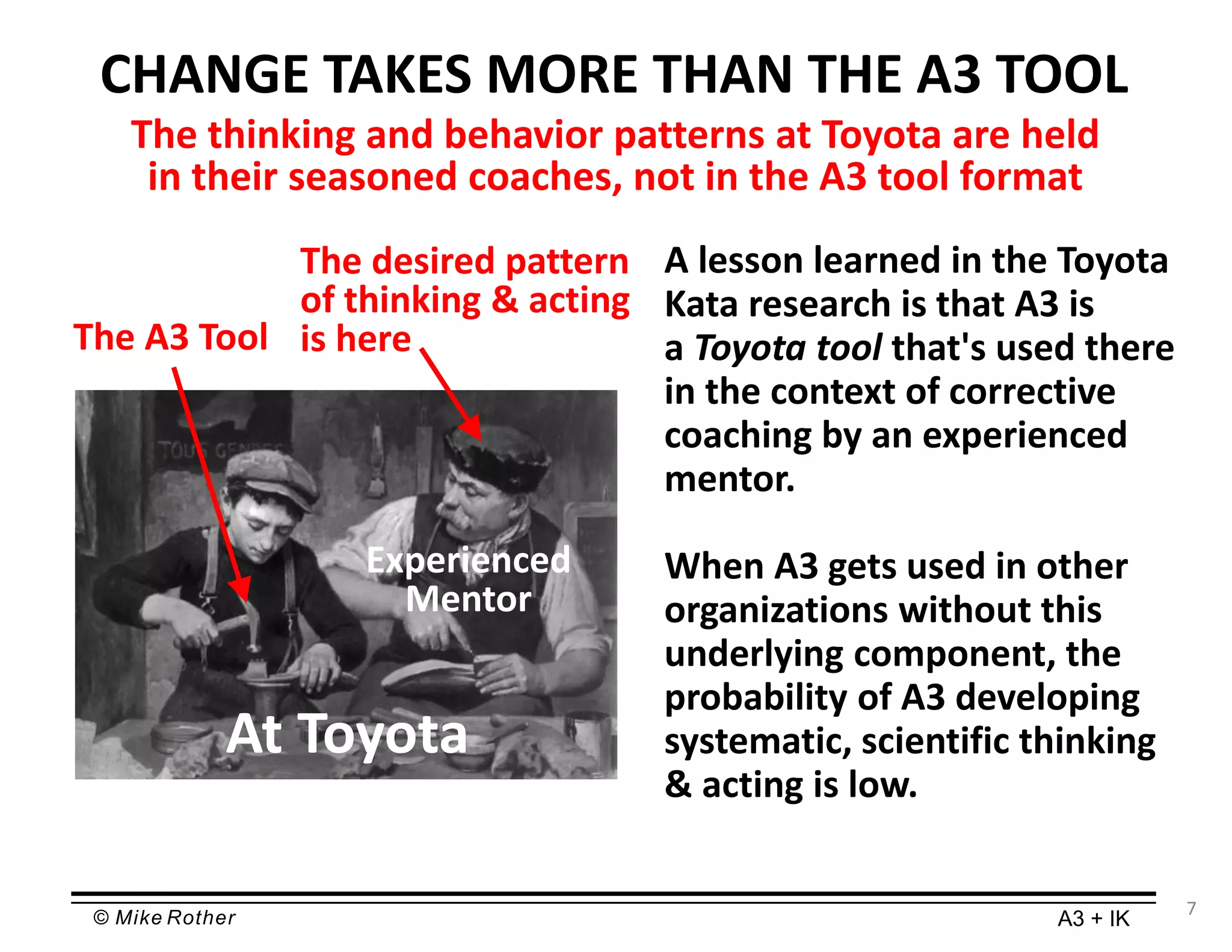 © Mike Rother A3 + IK
CHANGE TAKES MORE THAN THE A3 TOOL
A lesson learned in the Toyota
Kata research is that A3 is
a Toyota tool that's used there
in the context of corrective
coaching by an experienced
mentor.
When A3 gets used in other
organizations without this
underlying component, the
probability of A3 developing
systematic, scientific thinking
& acting is low.
The thinking and behavior patterns at Toyota are held
in their seasoned coaches, not in the A3 tool format
The A3 Tool
The desired pattern
of thinking & acting
is here
Experienced
Mentor
7
At Toyota
 
