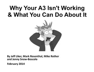 © Mike Rother A3 + IK
Why Your A3 Isn't Working
& What You Can Do About It
1
By Jeff Liker, Mark Rosenthal, Mike Rother
and Jenny Snow-Boscolo
February 2014
 