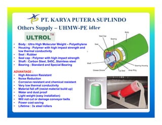 PT. KARYA PUTERA SUPLINDO
Others Supply – UHMW-PE idler
• Body : Ultra High Molecular Weight – Polyethylene
• Housing : Polymer with high impact strength and
low thermal conductivity
• Seal : Rubber
Spiral Return Roller
• Seal : Rubber
• Seal cap : Polymer with high impact strength
• Shaft : Carbon Steel, S45C, Stainless steel
• Bearing : Standard and Special Bearing
Impact Roller
ADVANTAGE :
• High Abrasion Resistant
• Noise Reduction
• Corrosive resistant and chemical resistant
• Very low thermal conductivityVery low thermal conductivity
• Material fall off (resist material build up)
• Water and dust proof
• Light weight (easy installation)
• Will not cut or damage conveyor belts
P t i
Flat Roller (Carry Idler)
• Power cost saving
• Lifetime : 3x steel rollers
 