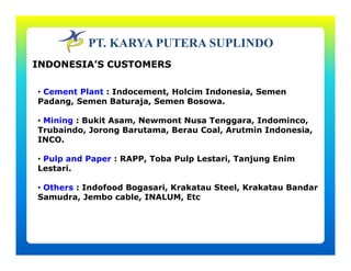PT. KARYA PUTERA SUPLINDO
INDONESIA’S CUSTOMERSINDONESIA’S CUSTOMERS
• Cement Plant : Indocement, Holcim Indonesia, Semen
Padang, Semen Baturaja, Semen Bosowa.
Mi i B kit A N t N T I d i• Mining : Bukit Asam, Newmont Nusa Tenggara, Indominco,
Trubaindo, Jorong Barutama, Berau Coal, Arutmin Indonesia,
INCO.
• Pulp and Paper : RAPP, Toba Pulp Lestari, Tanjung Enim
Lestari.
• Others : Indofood Bogasari Krakatau Steel Krakatau Bandar• Others : Indofood Bogasari, Krakatau Steel, Krakatau Bandar
Samudra, Jembo cable, INALUM, Etc
 