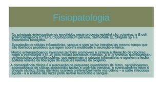 Fisiopatologia
Os principais enteropatógenos envolvidos neste processo epitelial são: rotavirus, a E coliOs principais enteropatógenos envolvidos neste processo epitelial são: rotavirus, a E coli
enteropatogenica (ECEP), Cryptosporidium parvum, Salmonella sp, Shigella sp e aenteropatogenica (ECEP), Cryptosporidium parvum, Salmonella sp, Shigella sp e a
Entamoeba histolytica.Entamoeba histolytica.
Exsudação de células inflamatórias, sangue e soro na luz intestinal ao mesmo tempo queExsudação de células inflamatórias, sangue e soro na luz intestinal ao mesmo tempo que
são liberados peptideos que agem sobre a motilidade e secreção entérica.são liberados peptideos que agem sobre a motilidade e secreção entérica.
Muitos enteropatógenos invasores também promovem a síntese e liberação de citocinasMuitos enteropatógenos invasores também promovem a síntese e liberação de citocinas
como a interleucina 8 (IL-8) pela células intestinais epiteliais. A IL-8 promove quimioatraçãocomo a interleucina 8 (IL-8) pela células intestinais epiteliais. A IL-8 promove quimioatração
de leucócitos polimorfonucleres, que aumentam a cascata inflamatória, e agravam a lesãode leucócitos polimorfonucleres, que aumentam a cascata inflamatória, e agravam a lesão
epitelial através da liberação de espécies reativas de oxigênio.epitelial através da liberação de espécies reativas de oxigênio.
A conseqüência clínica é a evacuação de pequenas quantidades de fezes, sanguinolentas,A conseqüência clínica é a evacuação de pequenas quantidades de fezes, sanguinolentas,
acompanhada de cólicas abdominais baixas e urgência intestinal, e eventualmente febre eacompanhada de cólicas abdominais baixas e urgência intestinal, e eventualmente febre e
choque séptico. Estas diarréias ocorrem preferencialmente nos cólons – a colite infecciosachoque séptico. Estas diarréias ocorrem preferencialmente nos cólons – a colite infecciosa
aguda - e a análise das fezes pode revelar leucócitos e sangue.aguda - e a análise das fezes pode revelar leucócitos e sangue.
 