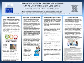 The Effects of Balance Exercise on Fall Prevention
with the Elderly in Long-Term Care Settings
Pace University, College of Health Professions, Lienhard School of Nursing
EliyahuAbramowitz
MeaganAlger
Miriam Becher
Marissa Brown
Elsa Carlo
Bianca Diaz
Yaakov PerlsteinPICO: For patients ages 65 and over in long-term care settings who are at risk for falls, will a
nurse-led, twice-weekly exercise program aimed at improving muscle strength and balance for a
duration of six months reduce the incidence of falls, compared to those of the same population who do not complete the program?
BACKGROUND
The elderly have a disproportionately higher fall rate
>25% than the general population (Gregory & Watson,
2013).
Muscle weakness, balance disorders, fear of falling
and previous falls may increase fall rates (WHO,
2009).
Elderly living in long-term care facilities have a 30 -
50% fall rate and a 40% recurrence rate (CDC, 2014).
More than 1/3 of adults 65 years and older fall every
year (WHO, 2009). After adjusting for inflation, falls
resulted in medical costs of an estimated $30 billion in
2012 (CDC, 2014).
20-30% of these falls lead to severe and potentially
fatal conditions (WHO, 2009).
RESEARCH LITERATURE REVIEW PROPOSED PRACTICE CHANGE CHANGE PROCESS
Educating all healthcare personnel throughout the
local VA hospital, regarding the high incidence of falls
among elderly patients and the importance of
prevention, will create a sense of urgency and
environment for change (Stragalas, 2010).
Create a coalition of diverse nursing professionals
from all levels of experience throughout the local VA.
The coalition’s mission is to empower both healthcare
and non-healthcare professionals to participate in
creating and facilitating practice improvement
strategies that decrease incidence of falls. The vision
is to reduce incidence of falls in hospitals, while
reducing hospital costs and increasing quality of life
of elderly patients.
Prior to implementation of the exercise program,
selected nurses will be trained for three months in
instructing classes on strength and balance for
geriatric individuals.
Patient education of fall risks and benefits of a
balance-improving exercise regimen will be employed
via literature and patient-nurse communication.
•  •  Low-impact exercise and muscle strengthening
reduces the risk of falls, incidence of falls, and
severe injury associated with falling (Cakar et al.,
2010).
Current clinical guidelines recommend that nurses,
implement multifactorial fall prevention interventions,
including physical training (Registered Nurses’
Association of Ontario, 2011).
Exercises designed to facilitate balance
improvement increases participants self-efficacy in
relation to falls, and may reduce the rate of falls
within a six-month interval (Clemson, et al., 2010).
The effectiveness of tai chi training as compared to
other training methods was unclear; it is among the
many forms of balance improvement exercises that
reduces the incidence of falls among the elderly
population (Maciaszek & Osiński, 2010).
• •  Implementation of a nurse led twice weekly exercise
program for patients aged 65 and older in long term
care settings, found to be at risk for falls using the
Morse Fall Scale.
• 
•  •  Exercises will be aimed at improving coordination,
balance, stability, gait, equilibrium and lower limb
muscle strength.
• 
• 
•  Program will be for a duration of six months.
• • 
•  Assessments will be made at intervals of three and
six months using the following scales: ‘Timed Up
and Go’, ‘Berg Balance Scale’, ‘Outcome
Expectations for Exercise Scale’, and ‘Falls Efficacy
Scale-International’.• • 
• 
• 
• 
Music will be played throughout the class.
Ongoing practice of exercises will be encouraged
through patient education.
• 
MAJOR RECOMMENDATIONS
Direct measurements of fall risks, balance, gait, self-
efficacy and fear of falling pre-intervention phase,
third month interval and post -intervention phase
(sixth month interval).
Regimen will include warm-up exercises, lower limb
strength training, light aerobics, and cool down
sessions with breaks in between (Song et al., 2014).
EVALUATION• 
http://www.prnewswire.com/news-releases/b-shoe-footwear-helps-seniors-maintain-balance-avoid-
falls-236542921.html
•  A baseline appraisal of all newly admitted patients
will be made utilizing the institution’s standard fall
risk assessment tool in conjunction with a falls self-
efficacy measurement.
SEARCH STRATEGY
Databases used include the following:
• 
1)  CINAHL
2)  Cochrane
3)  CDC
4)  PubMed
5)  EBSCO-Medicine
6)  NIH
•  Patients who receive a score identifying them as
being at high risk for falls will be invited to participate
in a 6-month long nurse-led exercise program
targeting these goals.
http://ridfat.blogspot.com/2013/01/balance-exercises-for-seniors.html
•  Physical activities will target
the lower extremities to enhance
balance, gait ability,
self-efficacy levels and
decrease fear of falling
(Wong et al., 2009).
REFERENCES
Cakar, E., Dincer, U., Kiralp, M., Cakar, D., Durmus, O., Kilac, H., & ... Alper, C. (2010). Jumping combined exercise programs reduce fall risk
and improve balance and life quality of elderly people who live in a long-term care facility. European Journal Of Physical And
Rehabilitation Medicine, 46(1), 59-67. Level II: Randomized Controlled Trial
Centers for Disease Control and Prevention. (2013). Timed Up and Go Test. Retrieved March 22, 2014, from http://www.cdc.gov/
homeandrecreationalsafety/pdf/steadi/timed_up_and_go_test.pdf
Centers for Disease Control and Prevention. (2014). Home & Recreational Safety. Retrieved October 22, 2014, from http://www.cdc.gov/
homeandrecreationalsafety/Falls/steadi/index.html
Clemson, L., Singh, M., Bundy, A., Cumming, R. G., Weissel, E., Munro, J., & ... Black, D. (2010). LiFE Pilot Study: A randomised trial of
balance and strength training embedded in daily life activity to reduce falls in older adults. Australian Occupational Therapy Journal,
57(1), 42-50. doi:10.1111/j.1440-1630.2009.00848.x Level II: Randomized Controlled Trial
Dykes, P., Carroll, D., Hurley, A., Lipsitz, S., Benoit, A., Chang, F., & ... Middleton, B. (2010). Fall prevention in acute care hospitals: a
randomized trial. JAMA: Journal of the American Medical Association, 304(17), 1912-1918. doi:10.1001/jama.2010.1567 Level II:
Randomized Controlled Trial
Gregory, H., & Watson, M. (2009). The effectiveness of Tai Chi as a fall prevention intervention for older adults: a systematic review.
International Journal Of Health Promotion & Education, 47(3), 94-100. Level I: Systematic Reviews
Joshua,A., D'Souza, V., Unnikrishnan, B., Mithra, P., Kamath, A., Acharya, V., & Venugopal, A. (2014). Effectiveness of progressive resistance
strength training versus traditional balance exercise in improving balance among the elderly - a randomised controlled trial. Journal Of
Clinical And Diagnostic Research: JCDR, 8(3), 98-102. doi:10.7860/JCDR/2014/8217.4119 Level II: Randomized Controlled Trials
Logghe, I., Zeeuwe, P., Verhagen,A., Wijnen-Sponselee, R., Willemsen, S., Bierma-Zeinstra, S., & ... Koes, B. (2009). Lack of effect of Tai Chi
Chuan in preventing falls in elderly people living at home: a randomized clinical trial. Journal Of The American Geriatrics Society, 57(1),
70-75. doi:10.1111/j.1532-5415.2008.02064.x Level II: Randomized Controlled Trials
Maciaszek, J., & Osiński, W. W. (2010). The Effects of Tai Chi on Body Balance in Elderly People — A Review of Studies from the Early 21st
Century. American Journal Of Chinese Medicine, 38(2), 219-229. Level I: Systematic Reviews
Registered Nurses’ Association of Ontario (RNAO). (rev. 2011). Prevention of Falls and Fall Injuries in the Older Adult. Toronto, ON: Registered
Nurses’ Association of Ontario. Level I: EBP Guidelines
Silveria, L. M. (2009). Compliance with CMS "Never Event" Billing Requirements. Journal Of Health Care Compliance, 11(5), 33-36. Level VII:
Evidence from the Opinion of Authorities
Song, H., Park, S., & Kim, J. (2014). The effects of proprioceptive neuromuscular facilitation integration pattern exercise program on the fall
efficacy and gait ability of the elders with experienced fall. Journal Of Exercise Rehabilitation, 10(4), 236-240. doi:10.12965/jer.140141
Level II: Randomized Controlled Trial
Stragalas, N. (2010). Improving Change Implementation. OD Practitioner, 42(1), 31-38. Level VII: Evidence from the Opinion of Authorities
van Harten-Krouwel, D., Schuurmans, M., Emmelot-Vonk, M., & Pel-Littel, R. (2011). Development and feasibility of falls prevention advice.
Journal Of Clinical Nursing, 20(19/20), 2761-2776. doi:10.1111/j.1365-2702.2011.03801.x Level VI: Descriptive Studies
Wong, A. M., Pei, Y., Lan, C., Huang, S., Lin, Y., & Chou, S. (2009). Is Tai Chi Chuan effective in improving lower limb response time to prevent
backward falls in the elderly?. Age (Dordr.), 31(2), 163-170. doi: 10.1007/s11357-009-9094-3. Level IV: Case Control Studies
World Health Organization. (2009). Global Report on falls prevention in older age (DHHS Publication No. ADM 90-1679). France. Government
Printing Office
•  Assessment will be repeated in addition to a ‘Timed
Up and Go’ test (CDC, 2013) at three and six month
intervals of the exercise program. This time frame
was based on several research studies that used a
six-month time frame exercise program with
measurable intervals to gather evidence regarding
fall prevention (Clemson et al., 2010; Joshua et al.,
2014).
http://www.theexpertinstitute.com/case-studies/nursing-home-expert-
witness-opines-on-fall-prevention-protocols-for-high-risk-patients/
•  Keywords included: geriatric, elderly, fall, fall
prevention, balance, and exercise.
Delimitations included: English language only,
publication date of 2009 and after, scholarly
systematic reviews, and research articles.
•  Program will run twice weekly
for 6 months (Clemson et al.,
2010; Joshua et al., 2014;
Logghe et al., 2009).
• 
•  Studies identified: 14 scholarly articles, two
systematic reviews, one clinical guideline, and two
expert opinions were chosen based on the amount
of evidence and effectiveness of interventions
relevant to PICO. Best practice recommendations
were consistent among reviewed studies.
http://www.thompsonhealth.com/HealthCareServices/HealthServices/
RehabilitationServices/SportsMedicine/SeniorFitnessTraining.aspx
•  Outcome measurement strategy would include falls
self-efficacy, incidence of falls, mobile stability and
gait, muscle strength, and overall quality of life.
•  Led by nurses who are trained in physical and
exercise therapy.
 