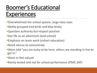 Boomer’s Educational
Experiences
Overwhelmed the school system, large class sizes
Ability grouped (red birds and blue birds)
Question authority but respect position
See life as an adventure (and school)
Emphasis on team work (cohort education)
Need silence to concentrate
Were told “you are lucky to be here, others are standing in line to
get in.”
Want to feel valued
Rarely tested and not for school performance (PSAT, SAT)
 