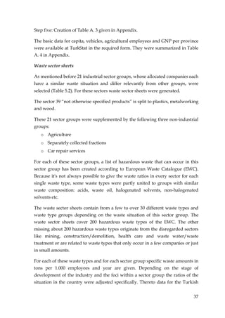 Step five: Creation of Table A. 3 given in Appendix.

The basic data for capita, vehicles, agricultural employees and GNP per province
were available at TurkStat in the required form. They were summarized in Table
A. 4 in Appendix.

Waste sector sheets

As mentioned before 21 industrial sector groups, whose allocated companies each
have a similar waste situation and differ relevantly from other groups, were
selected (Table 5.2). For these sectors waste sector sheets were generated.

The sector 39 “not otherwise specified products” is split to plastics, metalworking
and wood.

These 21 sector groups were supplemented by the following three non-industrial
groups:
   o Agriculture
   o Separately collected fractions
   o Car repair services

For each of these sector groups, a list of hazardous waste that can occur in this
sector group has been created according to European Waste Catalogue (EWC).
Because it's not always possible to give the waste ratios in every sector for each
single waste type, some waste types were partly united to groups with similar
waste composition: acids, waste oil, halogenated solvents, non-halogenated
solvents etc.

The waste sector sheets contain from a few to over 30 different waste types and
waste type groups depending on the waste situation of this sector group. The
waste sector sheets cover 200 hazardous waste types of the EWC. The other
missing about 200 hazardous waste types originate from the disregarded sectors
like mining, construction/demolition, health care and waste water/waste
treatment or are related to waste types that only occur in a few companies or just
in small amounts.

For each of these waste types and for each sector group specific waste amounts in
tons per 1.000 employees and year are given. Depending on the stage of
development of the industry and the foci within a sector group the ratios of the
situation in the country were adjusted specifically. Thereto data for the Turkish


                                                                                37
 