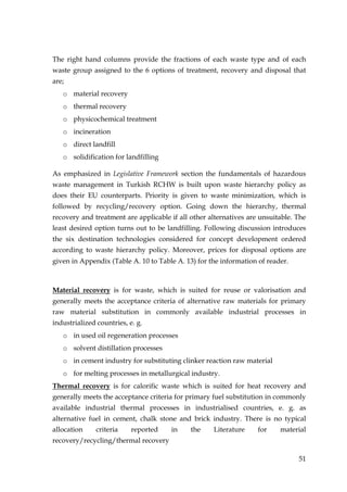 The right hand columns provide the fractions of each waste type and of each
waste group assigned to the 6 options of treatment, recovery and disposal that
are;
   o material recovery
   o thermal recovery
   o physicochemical treatment
   o incineration
   o direct landfill
   o solidification for landfilling

As emphasized in Legislative Framework section the fundamentals of hazardous
waste management in Turkish RCHW is built upon waste hierarchy policy as
does their EU counterparts. Priority is given to waste minimization, which is
followed by recycling/recovery option. Going down the hierarchy, thermal
recovery and treatment are applicable if all other alternatives are unsuitable. The
least desired option turns out to be landfilling. Following discussion introduces
the six destination technologies considered for concept development ordered
according to waste hierarchy policy. Moreover, prices for disposal options are
given in Appendix (Table A. 10 to Table A. 13) for the information of reader.



Material recovery is for waste, which is suited for reuse or valorisation and
generally meets the acceptance criteria of alternative raw materials for primary
raw material substitution in commonly available industrial processes in
industrialized countries, e. g.
   o in used oil regeneration processes
   o solvent distillation processes
   o in cement industry for substituting clinker reaction raw material
   o for melting processes in metallurgical industry.
Thermal recovery is for calorific waste which is suited for heat recovery and
generally meets the acceptance criteria for primary fuel substitution in commonly
available industrial thermal processes in industrialised countries, e. g. as
alternative fuel in cement, chalk stone and brick industry. There is no typical
allocation     criteria    reported   in     the    Literature     for    material
recovery/recycling/thermal recovery

                                                                                51
 