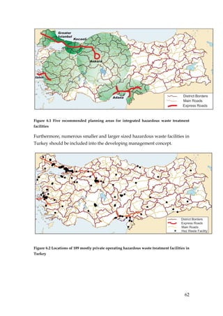 Figure 6.1 Five recommended planning areas for integrated hazardous waste treatment
facilities

Furthermore, numerous smaller and larger sized hazardous waste facilities in
Turkey should be included into the developing management concept.




Figure 6.2 Locations of 189 mostly private operating hazardous waste treatment facilities in
Turkey




                                                                                         62
 
