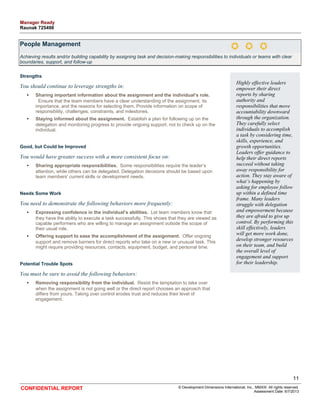 People Management 
Achieving results and/or building capability by assigning task and decision-making responsibilities to individuals or teams with clear 
boundaries, support, and follow-up 
Strengths 
You should continue to leverage strengths in: 
• Sharing important information about the assignment and the individual’s role. 
Ensure that the team members have a clear understanding of the assignment, its 
importance, and the reasons for selecting them. Provide information on scope of 
responsibility, challenges, constraints, and milestones. 
• Staying informed about the assignment. Establish a plan for following up on the 
delegation and monitoring progress to provide ongoing support, not to check up on the 
individual. 
Good, but Could be Improved 
You would have greater success with a more consistent focus on: 
• Sharing appropriate responsibilities. Some responsibilities require the leader’s 
attention, while others can be delegated. Delegation decisions should be based upon 
team members' current skills or development needs. 
Needs Some Work 
You need to demonstrate the following behaviors more frequently: 
• Expressing confidence in the individual’s abilities. Let team members know that 
they have the ability to execute a task successfully. This shows that they are viewed as 
capable performers who are willing to manage an assignment outside the scope of 
their usual role. 
• Offering support to ease the accomplishment of the assignment. Offer ongoing 
support and remove barriers for direct reports who take on a new or unusual task. This 
might require providing resources, contacts, equipment, budget, and personal time. 
Potential Trouble Spots 
You must be sure to avoid the following behaviors: 
• Removing responsibility from the individual. Resist the temptation to take over 
when the assignment is not going well or the direct report chooses an approach that 
differs from yours. Taking over control erodes trust and reduces their level of 
engagement. 
Highly effective leaders 
empower their direct 
reports by sharing 
authority and 
responsibilities that move 
accountability downward 
through the organization. 
They carefully select 
individuals to accomplish 
a task by considering time, 
skills, experience, and 
growth opportunities. 
Leaders offer guidance to 
help their direct reports 
succeed without taking 
away responsibility for 
action. They stay aware of 
what’s happening by 
asking for employee follow 
up within a defined time 
frame. Many leaders 
struggle with delegation 
and empowerment because 
they are afraid to give up 
control. By performing this 
skill effectively, leaders 
will get more work done, 
develop stronger resources 
on their team, and build 
the overall level of 
engagement and support 
for their leadership. 
11 
CONFIDENTIAL REPORT © Development Dimensions International, Inc., MMXIII. All rights reserved. 
Assessment Date: 6/7/2013 
Manager Ready 
Raunak 725498 
 