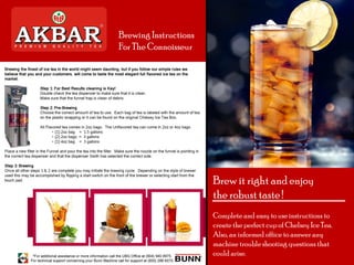 Complete and easy to use instructions to
create the perfect cup of Chelsey Ice Tea.
Also, an informed office to answer any
machine trouble shooting questions that
could arise.
Brew it right and enjoy
the robust taste !
Brewing Instructions
For The Connoisseur
 