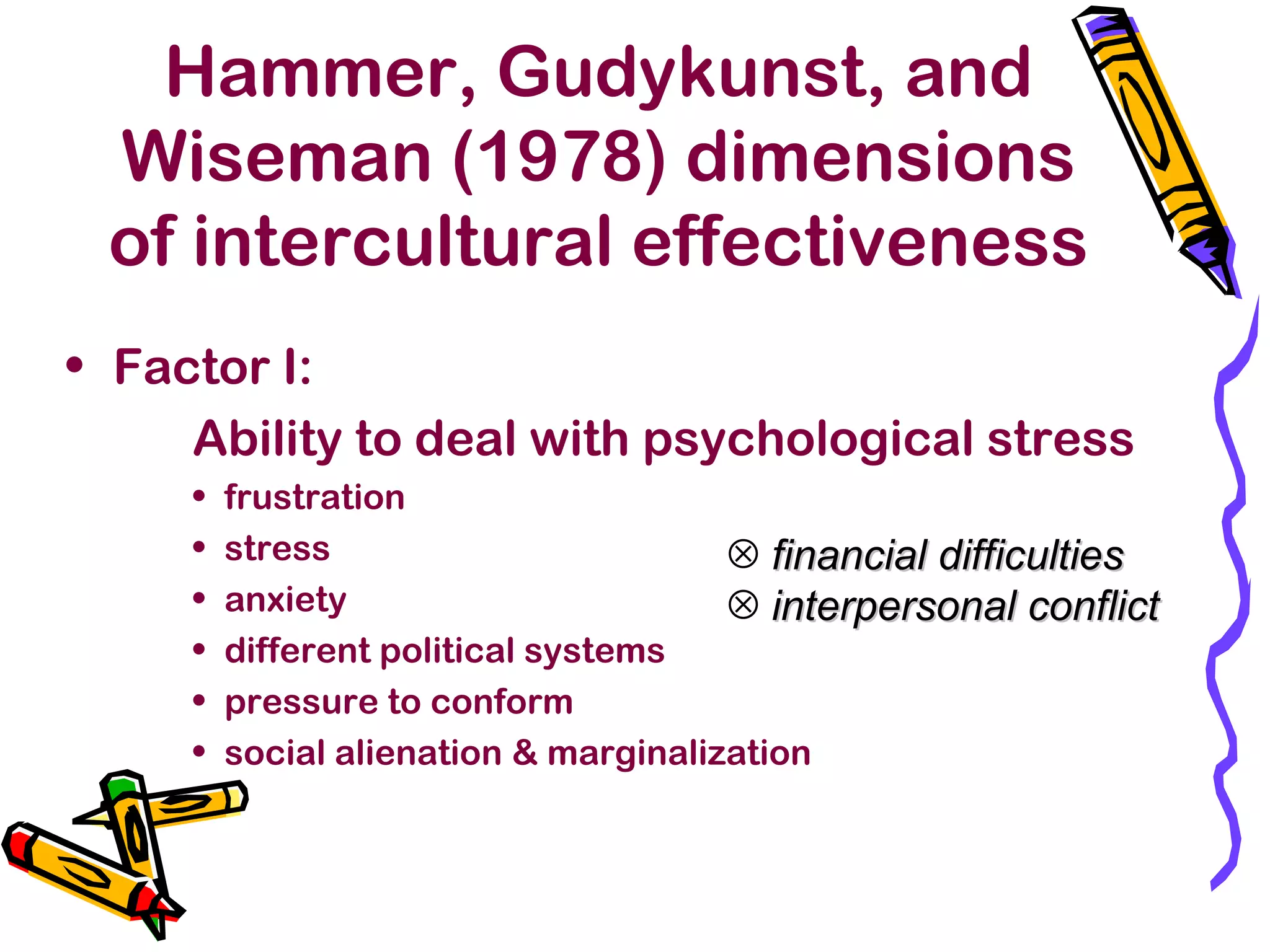Hammer, Gudykunst, and
Wiseman (1978) dimensions
of intercultural effectiveness
• Factor I:
Ability to deal with psychological stress
• frustration
• stress
• anxiety
• different political systems
• pressure to conform
• social alienation & marginalization
⊗ financial difficultiesfinancial difficulties
⊗ interpersonal conflictinterpersonal conflict
 