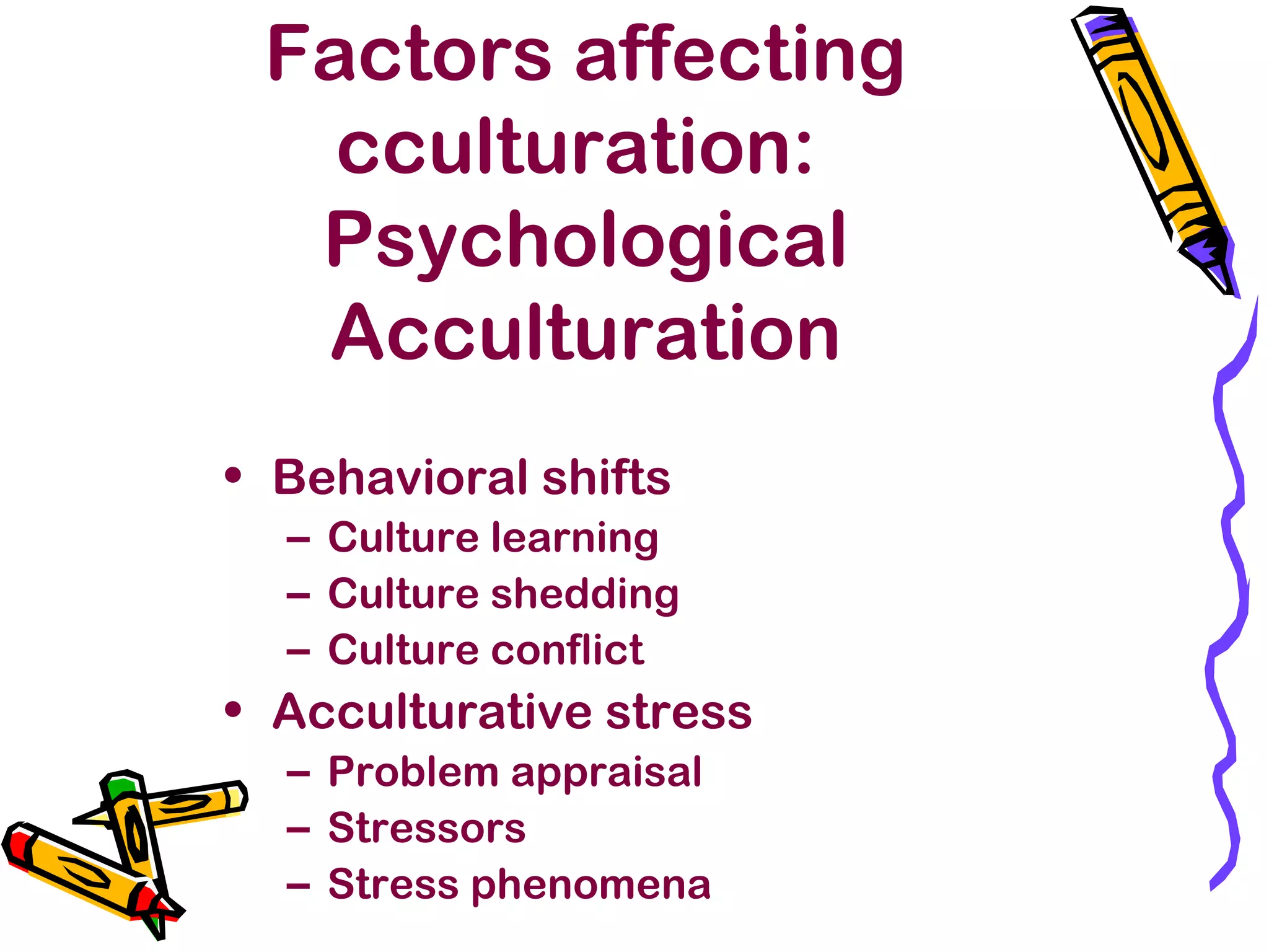 Factors affecting
cculturation:
Psychological
Acculturation
• Behavioral shifts
– Culture learning
– Culture shedding
– Culture conflict
• Acculturative stress
– Problem appraisal
– Stressors
– Stress phenomena
 
