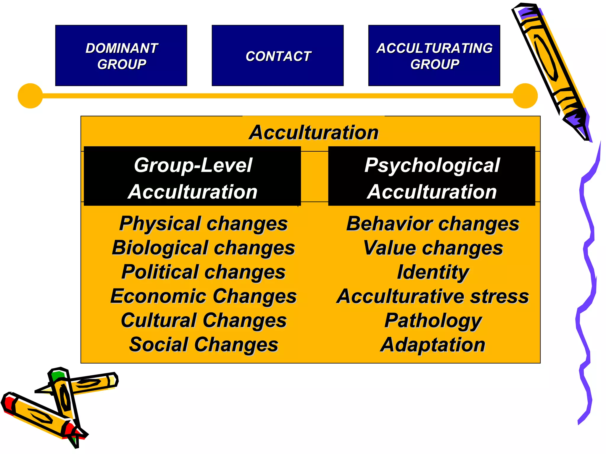 DOMINANTDOMINANT
GROUPGROUP
CONTACTCONTACT
ACCULTURATINGACCULTURATING
GROUPGROUP
AcculturationAcculturation
Group-LevelGroup-Level
AcculturationAcculturation
PsychologicalPsychological
AcculturationAcculturation
Physical changesPhysical changes
Biological changesBiological changes
Political changesPolitical changes
Economic ChangesEconomic Changes
Cultural ChangesCultural Changes
Social ChangesSocial Changes
Behavior changesBehavior changes
Value changesValue changes
IdentityIdentity
Acculturative stressAcculturative stress
PathologyPathology
AdaptationAdaptation
 