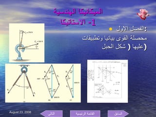 الميكانيكا الهندسية 1-  الاستاتيكا الفصل الاول  : محصلة القوى بيانيا وتطبيقات عليها  (  شكل الحبل  ) السابق التالى القائمة الرئيسية 
