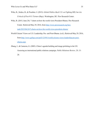 Who Loves Us and Who Hates Us? 35
Wike, R., Stokes, B., & Poushter, J. (2015). Global Publics Back U.S. on Fighting ISIS, but Are
Critical of Post-9/11 Torture (Rep.). Washington, DC: Pew Research Center.
Wike, R. (2015, June 24). 7 charts on how the world views President Obama. Pew Research
Center. Retrieved May 29, 2016, from http://www.pewresearch.org/fact-
tank/2015/06/24/7-charts-on-how-the-world-views-president-obama/
World Citizens' Views on U.S. Leadership, Pre- and Post-Obama. (n.d.). Retrieved May 29, 2016,
from http://www.gallup.com/poll/121991/world-citizens-views-leadership-pre-post-
obama.aspx
Zhang, J., & Cameron, G. (2003). China’s agenda building and image polishing in the US:
Assessing an international public relations campaign. Public Relations Review, 29, 13-
28.
 