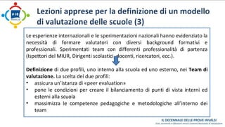 Lezioni apprese per la definizione di un modello 
di valutazione delle scuole (3) 
Le esperienze internazionali e le sperimentazioni nazionali hanno evidenziato la 
necessità di formare valutatori con diversi background formativi e 
professionali. Sperimentati team con differenti professionalità di partenza 
(Ispettori del MIUR, Dirigenti scolastici, docenti, ricercatori, ecc.). 
Definizione di due profili, uno interno alla scuola ed uno esterno, nei Team di 
valutazione. La scelta dei due profili: 
• assicura un’istanza di «peer evaluation» 
• pone le condizioni per creare il bilanciamento di punti di vista interni ed 
esterni alla scuola 
• massimizza le competenze pedagogiche e metodologiche all’interno dei 
team 
 