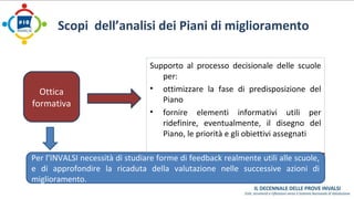 Scopi dell’analisi dei Piani di miglioramento 
Supporto al processo decisionale delle scuole 
Supporto al processo decisionale delle scuole 
per: 
per: 
• ottimizzare la fase di predisposizione del 
• ottimizzare la fase di predisposizione del 
Piano 
Piano 
• fornire elementi informativi utili per 
• fornire elementi informativi utili per 
ridefinire, eventualmente, il disegno del 
Piano, le priorità e gli obiettivi assegnati 
ridefinire, eventualmente, il disegno del 
Piano, le priorità e gli obiettivi assegnati 
Ottica 
formativa 
Per l’INVALSI necessità di studiare forme di feedback realmente utili alle scuole, 
e di approfondire la ricaduta della valutazione nelle successive azioni di 
miglioramento. 
 