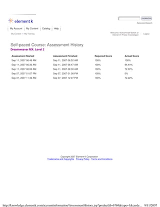 Advanced Search
My Account My Content Catalog Help
My Content My Training
Welcome, Muhammad Mollah of
Element K Press Knowledge2
Logout
Self-paced Course: Assessment History
Dreamweaver MX: Level 2
Assessment Started Assessment Finished Required Score Actual Score
Sep 11, 2007 06:48 AM Sep 11, 2007 06:52 AM 100% 100%
Sep 11, 2007 06:36 AM Sep 11, 2007 06:47 AM 100% 94.44%
Sep 11, 2007 06:06 AM Sep 11, 2007 06:30 AM 100% 72.22%
Sep 07, 2007 01:07 PM Sep 07, 2007 01:08 PM 100% 0%
Sep 07, 2007 11:46 AM Sep 07, 2007 12:07 PM 100% 72.22%
Copyright 2007 Element K Corporation
Trademarks and Copyrights Privacy Policy Terms and Conditions
9/11/2007http://knowledge.elementk.com/accountinformation/AssessmentHistory.jsp?productId=6769&type=1&crede...
 
