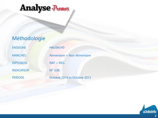 Méthodologie 
ENSEIGNE 
HM,SM,HD 
MARCHES 
Alimentaire + Non Alimentaire 
DIFFUSION 
NAT + REG 
INDICATEUR 
M² (UB) 
PERIODE 
Octobre2014 vs Octobre 2013 
2 
 