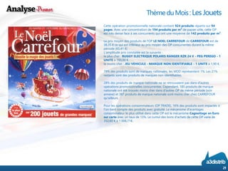 Thème du Mois : Les Jouets 
21 
Cette opération promotionnelle nationale contient 924produits répartis sur 94 pages. Avec une concentration de 194 produits par m² de papier utile, cette OP est très dense face à ses concurrents qui ont une moyenne de 142 produits par m². Le prix moyen des produits de l'OP LE NOEL CARREFOURde CARREFOURest de 38,35 €ce qui est inférieur au prix moyen des OP concurrentes durant la même période (65,41 €) L'amplitude prix constatée est la suivante : le plus cher : BUGGY ELECTRIQUE POLARIS RANGER RZR 24 V -PEG PEREGO -1 UNITE à 799,00 €. le moins cher : JEU VEHICULE -MARQUE NON IDENTIFIABLE -1 UNITE à 1,90 €. 
79% des produits sont de marques nationales, les MDD représentent 1%. Les 21% restants sont des produits de marques non identifiables. 28% des produits de marque nationale ne se retrouvaient pas dans d'autres opérations promotionnelles concurrentes. Cependant, 185 produits de marque nationale ont été trouvés moins cher dans d'autres OP de même période (voir annexe) et 387 produits de marque nationale sont moins cher chez CARREFOUR qu'ailleurs. Pour les opérations consommateurs (OP TRADE), 16% des produits sont impactés si l'on tient compte des produits avec gratuité. Le mécanisme d'avantages consommateur le plus utilisé dans cette OP est le mécanisme Cagnottage en Euro sur carteavec un taux de 13%. Le cumul des bons d'achats de cette OP varie de 352,60 €à 1 006,71€.  
