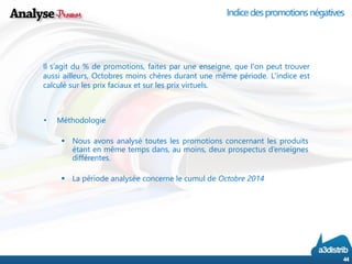 •Méthodologie 
Nousavonsanalysétouteslespromotionsconcernantlesproduitsétantenmêmetempsdans,aumoins,deuxprospectusd’enseignesdifférentes. 
La période analysée concerne le cumul de Octobre 2014 
44 
Ils’agitdu%depromotions,faitesparuneenseigne,quel'onpeuttrouveraussiailleurs,Octobresmoinschèresdurantunemêmepériode.L'indiceestcalculésurlesprixfaciauxetsurlesprixvirtuels. 
Indice des promotions négatives  