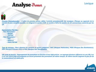 PressionPromotionnelle:L’indicedepressionpromoreflètel’activitépromotionnelledesenseignes(Marqueousegment)delamanièrelapluscomplètepossible,enintégrantlenombred’OP,lenombred’UBetlenombredem2commerciauxconcernésparlesOP 
SegmentationMarchés: 
-NonAlimentaire: 
•BAZAR 
•TEXTILE 
-NonAlimentaire: 
•PGC 
•FRAISLS 
•FRAISMETIER 
Typedemarques:Nousséparonslesmarquesenquatrecatégories:NAT(MarquesNationales),MDD(MarquesDesDistributeurs), MPP(MarquesPremiersPrix)etMNI(MarquesNonIdentifiables) 
UB(unitédebesoin):Regroupementdepromotionsenfonctiond’unerègleprécise:onregroupeplusieursréférencesenuneUBsionasurunemêmepagedeprospectusunencartprésentantdespromotionsdemêmemarque,demêmemarché(segmentleplusfindelanomenclature)aumêmeprix. 
Lexique 
65 
 