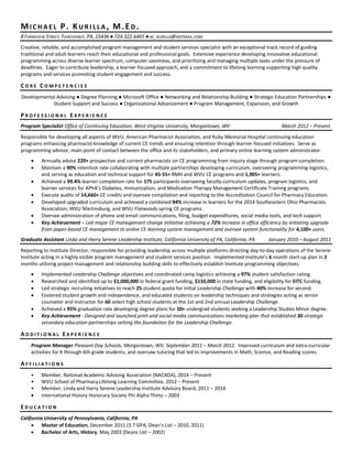 MICHAEL P. KURILLA, M.ED. 
8 FARMVIEW STREET, FAIRCHANCE, PA, 15436 ● 724.322.6465 ● M_KURILLA@HOTMAIL.COM 
Creative, reliable, and accomplished program management and student services specialist with an exceptional track record of guiding traditional and adult learners reach their educational and professional goals. Extensive experience developing innovative educational programming across diverse learner spectrum, computer savviness, and prioritizing and managing multiple tasks under the pressure of deadlines. Eager to contribute leadership, a learner-focused approach, and a commitment to lifelong learning supporting high quality programs and services promoting student engagement and success. 
CORE COMPETENCIES 
Developmental Advising ● Degree Planning ● Microsoft Office ● Networking and Relationship Building ● Strategic Education Partnerships ● Student Support and Success ● Organizational Advancement ● Program Management, Expansion, and Growth 
PROFESSIONAL EXPERIENCE 
Program Specialist Office of Continuing Education, West Virginia University, Morgantown, WV March 2012 – Present 
Responsible for developing all aspects of WVU, American Pharmacist Association, and Ruby Memorial Hospital continuing education programs enhancing pharmacist knowledge of current CE trends and ensuring retention through learner-focused initiatives. Serve as programming advisor, main point of contact between the office and its stakeholders, and primary online learning system administrator. 
 Annually advise 220+ prospective and current pharmacists on CE programming from inquiry stage through program completion. 
 Maintain a 90% retention rate collaborating with multiple partnerships developing curriculum, overseeing programming logistics, and serving as education and technical support for 45-55+ RMH and WVU CE programs and 1,905+ learners. 
 Achieved a 99.4% learner completion rate for 175 participants overseeing faculty curriculum updates, program logistics, and learner services for APhA’s Diabetes, Immunization, and Medication Therapy Management Certificate Training programs. 
 Execute audits of 14,660+ CE credits and oversee compilation and reporting to the Accreditation Council for Pharmacy Education. 
 Developed upgraded curriculum and achieved a combined 94% increase in learners for the 2014 Southeastern Ohio Pharmacists Association, WVU Martinsburg, and WVU Flatwoods spring CE programs. 
 Oversee administration of phone and email communications, filing, budget expenditures, social media tools, and tech support. 
 Key Achievement – Led major CE management change initiative achieving a 72% increase in office efficiency by initiating upgrade from paper-based CE management to online CE learning system management and oversee system functionality for 4,100+ users. 
Graduate Assistant Linda and Harry Serene Leadership Institute, California University of PA, California, PA January 2010 – August 2011 
Reporting to Institute Director, responsible for providing leadership across multiple platforms directing day-to-day operations of the Serene Institute acting in a highly visible program management and student services position. Implemented Institute’s 6 month start-up plan in 2 months utilizing project management and relationship building skills to effectively establish Institute programming objectives. 
 Implemented Leadership Challenge objectives and coordinated camp logistics achieving a 97% student satisfaction rating. 
 Researched and identified up to $1,000,000 in federal grant funding, $150,000 in state funding, and eligibility for EITC funding. 
 Led strategic recruiting initiatives to reach 25-student quota for initial Leadership Challenge with 40% increase for second. 
 Fostered student growth and independence, and educated students on leadership techniques and strategies acting as senior counselor and instructor for 60 select high school students at the 1st and 2nd annual Leadership Challenge. 
 Achieved a 95% graduation rate developing degree plans for 50+ undergrad students seeking a Leadership Studies Minor degree. 
 Key Achievement - Designed and launched print and social media communications marketing plan that established 30 strategic secondary education partnerships setting the foundation for the Leadership Challenge. 
ADDITIONAL EXPERIENCE 
Program Manager Pleasant Day Schools, Morgantown, WV, September 2011 – March 2012. Improved curriculum and extra-curricular activities for K through 6th grade students, and oversaw tutoring that led to improvements in Math, Science, and Reading scores. 
AFFILIATIONS 
• Member, National Academic Advising Association (NACADA), 2014 – Present 
• WVU School of Pharmacy Lifelong Learning Committee, 2012 – Present 
• Member, Linda and Harry Serene Leadership Institute Advisory Board, 2011 – 2014 
 International History Honorary Society Phi Alpha Theta – 2003 
EDUCATION 
California University of Pennsylvania, California, PA 
 Master of Education, December 2011 (3.7 GPA, Dean’s List – 2010, 2011) 
 Bachelor of Arts, History, May 2003 (Deans List – 2002) 