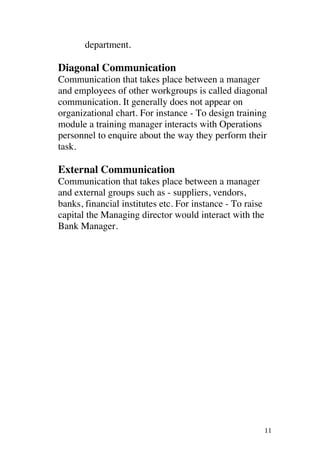 ! 11!
department.
Diagonal Communication
Communication that takes place between a manager
and employees of other workgroups is called diagonal
communication. It generally does not appear on
organizational chart. For instance - To design training
module a training manager interacts with Operations
personnel to enquire about the way they perform their
task.
External Communication
Communication that takes place between a manager
and external groups such as - suppliers, vendors,
banks, financial institutes etc. For instance - To raise
capital the Managing director would interact with the
Bank Manager.
 