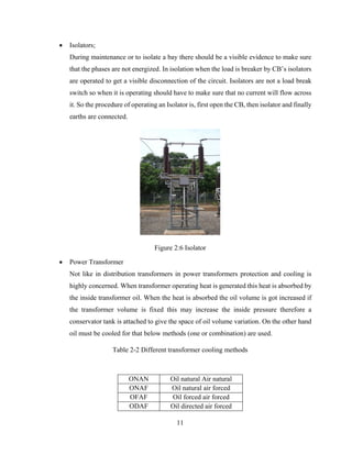 11
 Isolators;
During maintenance or to isolate a bay there should be a visible evidence to make sure
that the phases are not energized. In isolation when the load is breaker by CB’s isolators
are operated to get a visible disconnection of the circuit. Isolators are not a load break
switch so when it is operating should have to make sure that no current will flow across
it. So the procedure of operating an Isolator is, first open the CB, then isolator and finally
earths are connected.
Figure 2:6 Isolator
 Power Transformer
Not like in distribution transformers in power transformers protection and cooling is
highly concerned. When transformer operating heat is generated this heat is absorbed by
the inside transformer oil. When the heat is absorbed the oil volume is got increased if
the transformer volume is fixed this may increase the inside pressure therefore a
conservator tank is attached to give the space of oil volume variation. On the other hand
oil must be cooled for that below methods (one or combination) are used.
Table 2-2 Different transformer cooling methods
ONAN Oil natural Air natural
ONAF Oil natural air forced
OFAF Oil forced air forced
ODAF Oil directed air forced
 