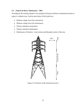 25
2.4 Projects & Heavy Maintenance – DD4
According to the training schedule I was assigned to Projects and heavy maintenance branch of
region 4, southern zone. And the main duties of this branch are,
 Medium voltage tower line construction
 Medium voltage tower line maintenance
 Primary substation construction
 Primary substation maintenance
 Maintenance of Gantries , Auto recloses and Boundary meters of the area
Figure 2:13 Sections of the transmission tower
 