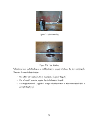 31
Figure 2:19 End Binding
Figure 2:20 Line Binding
When there is an angle binding or an end binding it is needed to balance the force on the pole.
There are few methods to do that,
 Use a Stay (A wire that helps to balance the force on the pole)
 Use a Strut (A pole that support for the balance of the pole)
 Self-Supported Poles (Supported using a concrete mixture in the hole where the pole is
going to be placed)
 