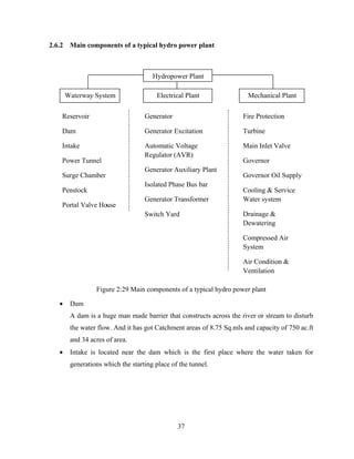 37
2.6.2 Main components of a typical hydro power plant
Figure 2:29 Main components of a typical hydro power plant
 Dam
A dam is a huge man made barrier that constructs across the river or stream to disturb
the water flow. And it has got Catchment areas of 8.75 Sq.mls and capacity of 750 ac.ft
and 34 acres of area.
 Intake is located near the dam which is the first place where the water taken for
generations which the starting place of the tunnel.
Hydropower Plant
Waterway System Electrical Plant Mechanical Plant
Reservoir
Dam
Intake
Power Tunnel
Surge Chamber
Penstock
Portal Valve House
Generator
Generator Excitation
Automatic Voltage
Regulator (AVR)
Generator Auxiliary Plant
Isolated Phase Bus bar
Generator Transformer
Switch Yard
Fire Protection
Turbine
Main Inlet Valve
Governor
Governor Oil Supply
Cooling & Service
Water system
Drainage &
Dewatering
Compressed Air
System
Air Condition &
Ventilation
 