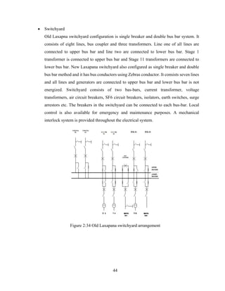 44
 Switchyard
Old Laxapna switchyard configuration is single breaker and double bus bar system. It
consists of eight lines, bus coupler and three transformers. Line one of all lines are
connected to upper bus bar and line two are connected to lower bus bar. Stage 1
transformer is connected to upper bus bar and Stage 11 transformers are connected to
lower bus bar. New Laxapana switchyard also configured as single breaker and double
bus bar method and it has bus conductors using Zebras conductor. It consists seven lines
and all lines and generators are connected to upper bus bar and lower bus bar is not
energized. Switchyard consists of two bas-bars, current transformer, voltage
transformers, air circuit breakers, SF6 circuit breakers, isolators, earth switches, surge
arrestors etc. The breakers in the switchyard can be connected to each bus-bar. Local
control is also available for emergency and maintenance purposes. A mechanical
interlock system is provided throughout the electrical system.
Figure 2:34 Old Laxapana switchyard arrangement
 