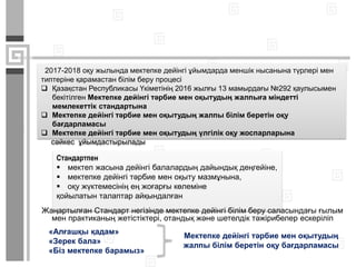 2017-2018 оқу жылында мектепке дейінгі ұйымдарда меншік нысанына түрлері мен
типтеріне қарамастан білім беру процесі
 Қазақстан Республикасы Үкіметінің 2016 жылғы 13 мамырдағы №292 қаулысымен
бекітілген Мектепке дейінгі тәрбие мен оқытудың жалпыға міндетті
мемлекеттік стандартына
 Мектепке дейінгі тәрбие мен оқытудың жалпы білім беретін оқу
бағдарламасы
 Мектепке дейінгі тәрбие мен оқытудың үлгілік оқу жоспарларына
сәйкес ұйымдастырылады
Стандартпен
 мектеп жасына дейінгі балалардың дайындық деңгейіне,
 мектепке дейінгі тәрбие мен оқыту мазмұнына,
 оқу жүктемесінің ең жоғарғы көлеміне
қойылатын талаптар айқындалған
«Алғашқы қадам»
«Зерек бала»
«Біз мектепке барамыз»
Мектепке дейінгі тәрбие мен оқытудың
жалпы білім беретін оқу бағдарламасы
Жаңартылған Стандарт негізінде мектепке дейінгі білім беру саласындағы ғылым
мен практиканың жетістіктері, отандық және шетелдік тәжірибелер ескеріліп
 
