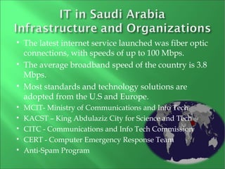 
The latest internet service launched was fiber optic
connections, with speeds of up to 100 Mbps.

The average broadband speed of the country is 3.8
Mbps.

Most standards and technology solutions are
adopted from the U.S and Europe.

MCIT- Ministry of Communications and Info Tech

KACST – King Abdulaziz City for Science and Tech

CITC - Communications and Info Tech Commission

CERT - Computer Emergency Response Team

Anti-Spam Program
 