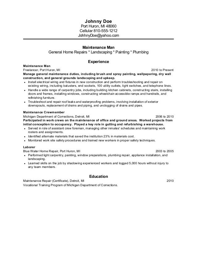 maintenance former inmate resume maintenance man resume