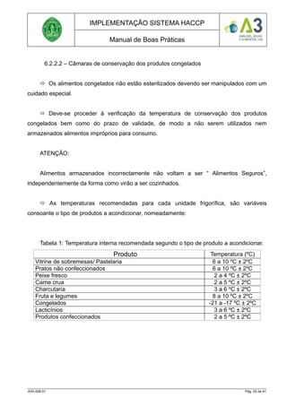 IMPLEMENTAÇÃO SISTEMA HACCP
Manual de Boas Práticas
6.2.2.2 – Câmaras de conservação dos produtos congelados
 Os alimentos congelados não estão esterilizados devendo ser manipulados com um
cuidado especial.
 Deve-se proceder à verificação da temperatura de conservação dos produtos
congelados bem como do prazo de validade, de modo a não serem utilizados nem
armazenados alimentos impróprios para consumo.
ATENÇÃO:
Alimentos armazenados incorrectamente não voltam a ser “ Alimentos Seguros”,
independentemente da forma como virão a ser cozinhados.
 As temperaturas recomendadas para cada unidade frigorífica, são variáveis
consoante o tipo de produtos a acondicionar, nomeadamente:
Tabela 1: Temperatura interna recomendada segundo o tipo de produto a acondicionar.
Produto Temperatura (ºC)
Vitrine de sobremesas/ Pastelaria 6 a 10 ºC ± 2ºC
Pratos não confeccionados 6 a 10 ºC ± 2ºC
Peixe fresco 2 a 4 ºC ± 2ºC
Carne crua 2 a 5 ºC ± 2ºC
Charcutaria 3 a 6 ºC ± 2ºC
Fruta e legumes 8 a 10 ºC ± 2ºC
Congelados -21 a -17 ºC ± 2ºC
Lacticínios 3 a 6 ºC ± 2ºC
Produtos confeccionados 2 a 5 ºC ± 2ºC
A3H.006.01 Pág. 25 de 41
 