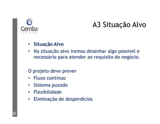 A3 Situação Alvo
• Situação Alvo
• Na situação alvo iremos desenhar algo possivel e
necessário para atender ao requisito do negócio.
O projeto deve prever
• Fluxo continuo
• Sistema puxado
• Flexibilidade
• Eliminação de desperdícios
 