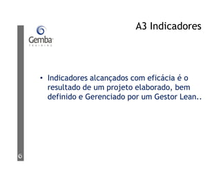 A3 Indicadores
• Indicadores alcançados com eficácia é o
resultado de um projeto elaborado, bem
definido e Gerenciado por um Gestor Lean..
 