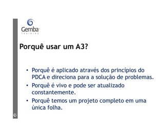Porquê usar um A3?
• Porquê é aplicado através dos princípios do
PDCA e direciona para a solução de problemas.
• Porquê é vivo e pode ser atualizado
constantemente.
• Porquê temos um projeto completo em uma
única folha.
 
