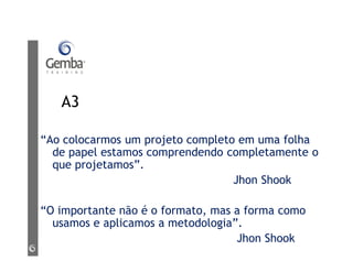 A3
“Ao colocarmos um projeto completo em uma folha
de papel estamos comprendendo completamente o
que projetamos”.
Jhon Shook
“O importante não é o formato, mas a forma como
usamos e aplicamos a metodologia”.
Jhon Shook
 
