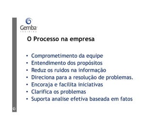 O Processo na empresa
• Comprometimento da equipe
• Entendimento dos propósitos
• Reduz os ruidos na informação
• Direciona para a resolução de problemas.
• Encoraja e facilita iniciativas
• Clarifica os problemas
• Suporta analise efetiva baseada em fatos
 