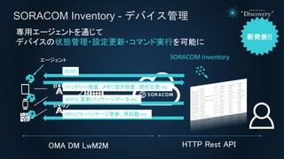 SORACOM Inventory - デバイス管理
エージェント
READ
バッテリー残量、メモリ空き容量、現在位置 etc.
WRITE 更新パッケージデータ etc.
専用エージェントを通じて
デバイスの状態管理・設定更新・コマンド実行を...