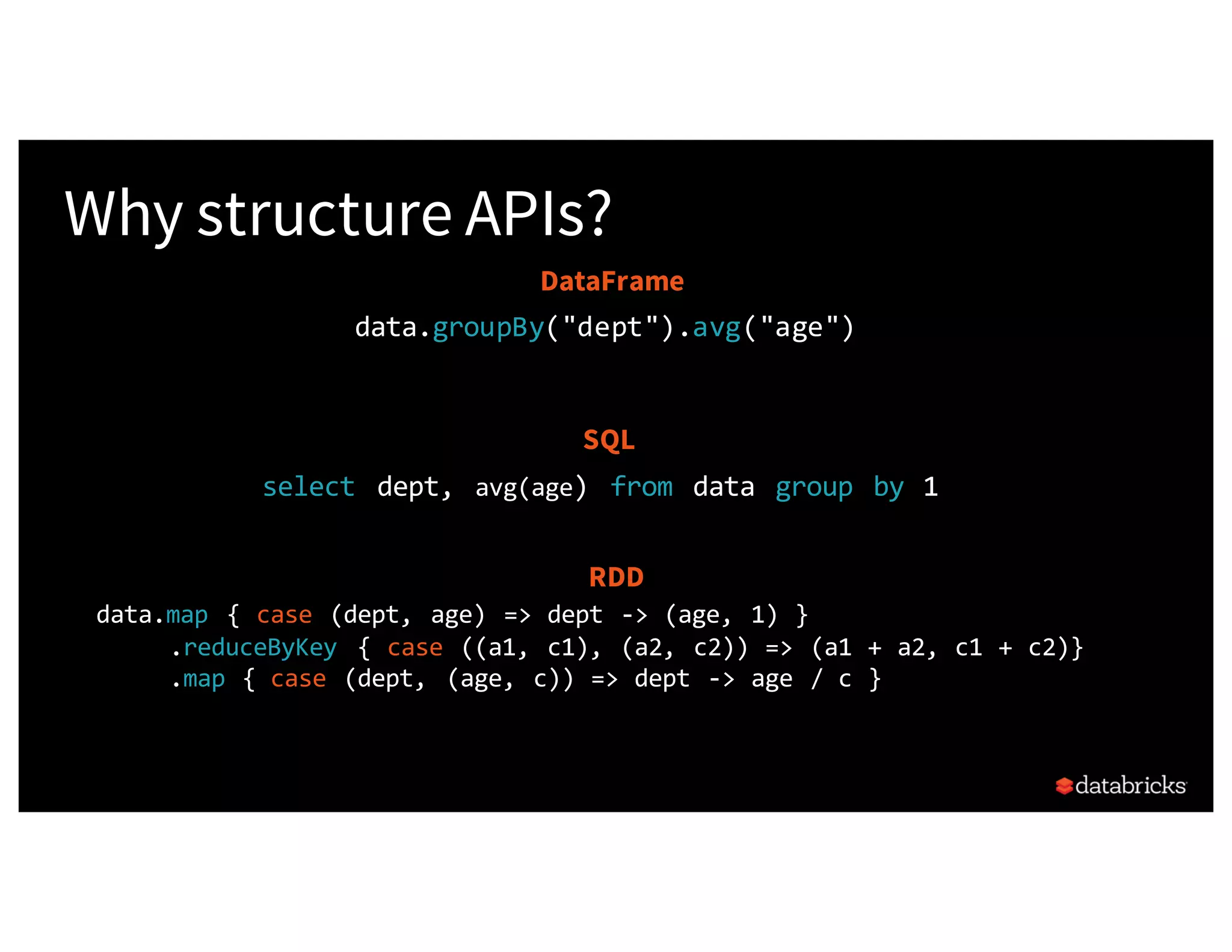 Why structure APIs? data.map { case (dept, age) => dept -> (age, 1) } .reduceByKey { case ((a1, c1), (a2, c2)) => (a1 + a2, c1 + c2)} .map { case (dept, (age, c)) => dept -> age / c } select dept, avg(age) from data group by 1 SQL DataFrame RDD data.groupBy("dept").avg("age") 