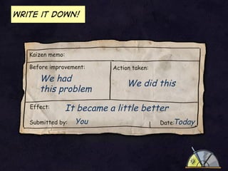Write it down!

Kaizen memo:
Before improvement:

We had
this problem
Effect:

Action taken:

We did this

It became a little better

Submitted by:

You

Today
Date:

 