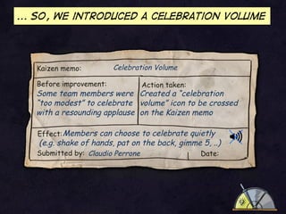 ... So, we introduced a celebration volume

Kaizen memo:

Celebration Volume

Before improvement:

Action taken:

Some tea...