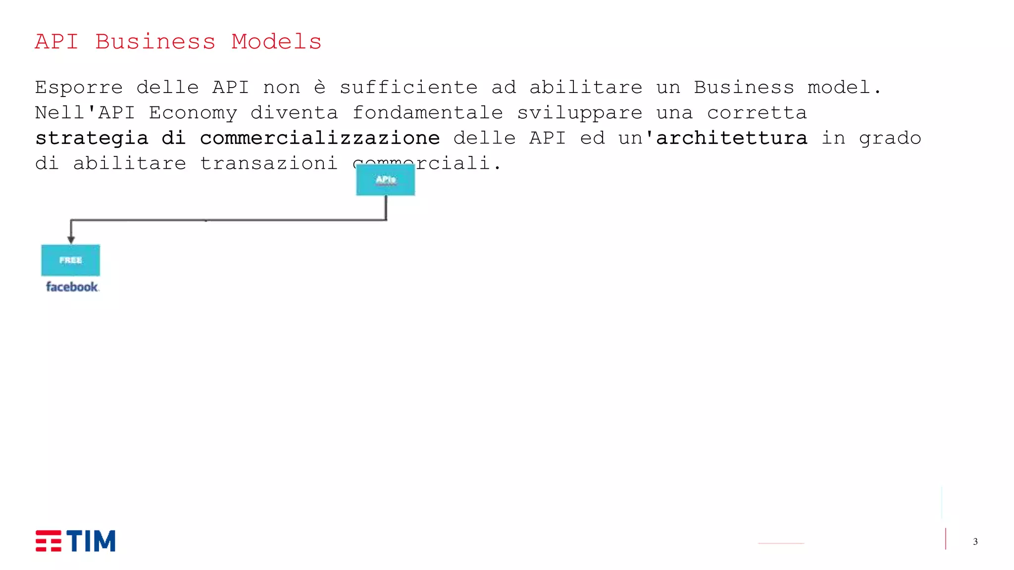 3
API Business Models
Esporre delle API non è sufficiente ad abilitare un Business model.
Nell'API Economy diventa fondamentale sviluppare una corretta
strategia di commercializzazione delle API ed un'architettura in grado
di abilitare transazioni commerciali.
 